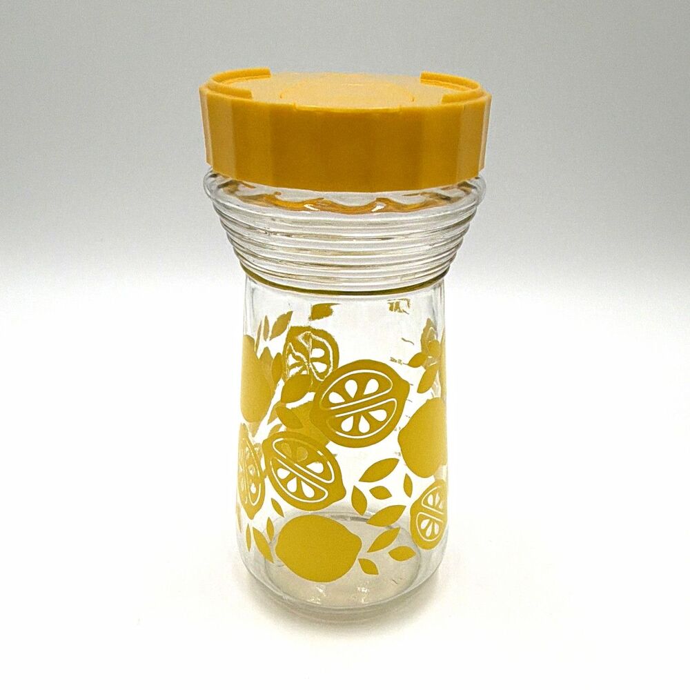 VTG 1970s Anchor Hocking Clear 24 oz Lemon Citrus Pattern w/ Yellow Flip-Top Lid
